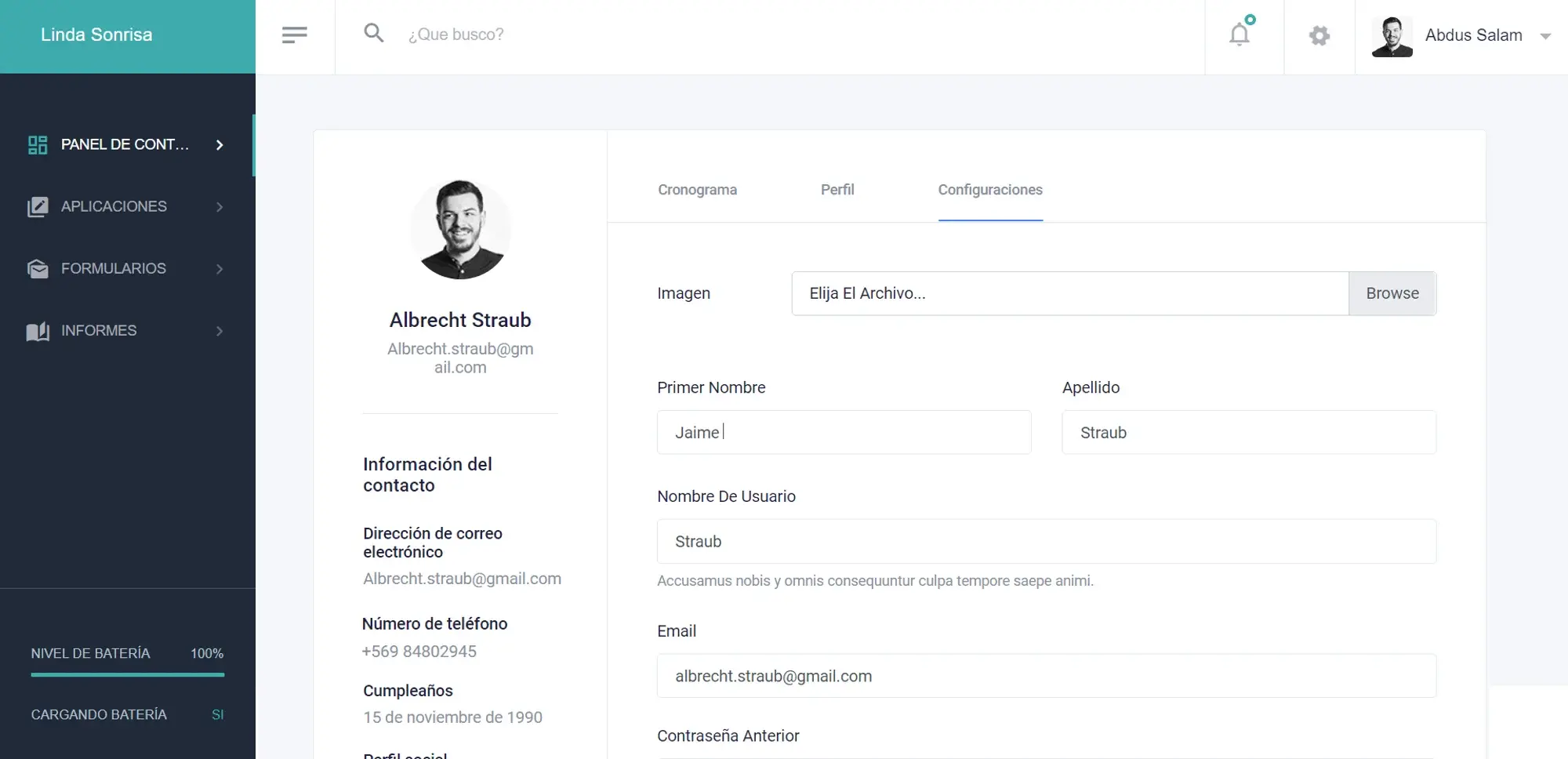 Imagen que muestra el panel de configuración del usuario